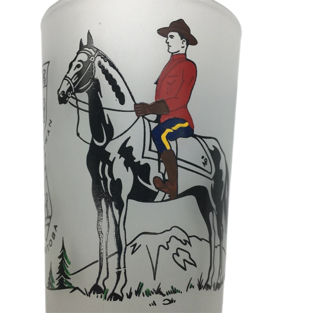 Tumbler Set 4 Canadian Royal Mounties Frosted Glass Souvenir of Canada Barware
