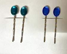 2x Bobby Pin sets- GLASS STONE ACCENT- OVAL BLUE  and TEAL GREEN FACETED STONES