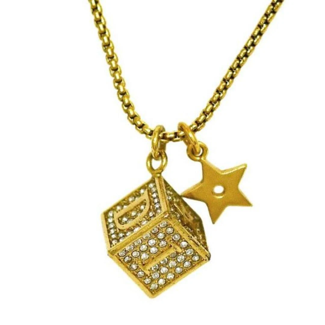 Christian Dior Cube Necklace Gold Dice Gp Rhinestone Used Jewelry Logo Accessory
