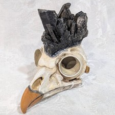 3D Printed Replica Barred Owl Skull With Smoky Quartz Crystals Hand Painted