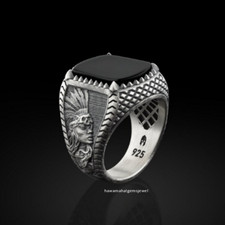New Onyx Stone Handmade Native head Men's Ring Solid 925 Sterling Silver Jewelry