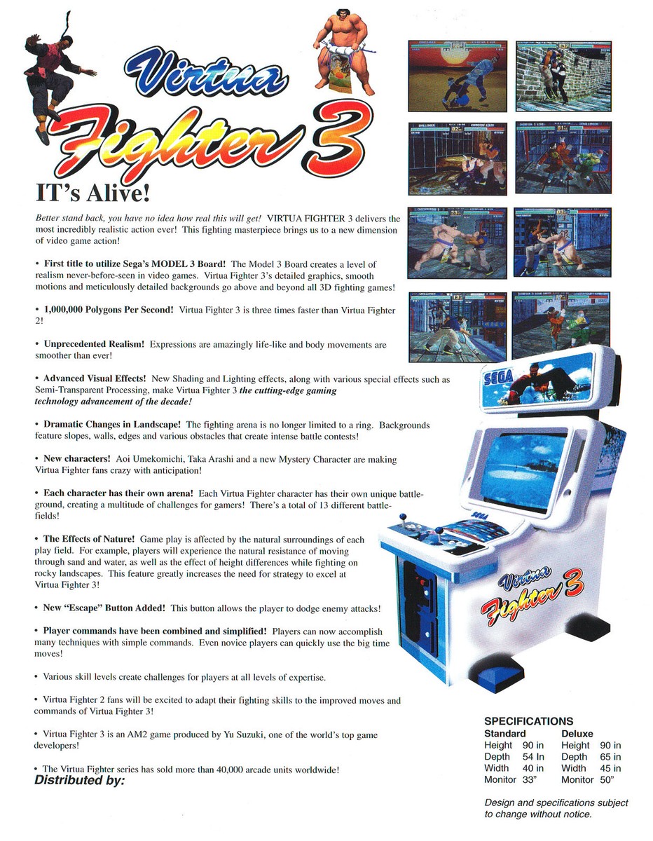 Virtua Fighter 3 Sega Video Arcade FLYER / Brochure / Ad - Hard to