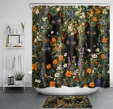 Retro Boho Wildflower and Cute Black Cat Shower Curtain Bathroom Accessories Set