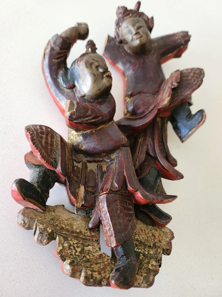 RARO 1800 DINASTÍA QING CHINA Madera Tallada Laca Roja Pareja Ópera Dorada Siglo XIX Foto 2 de 4