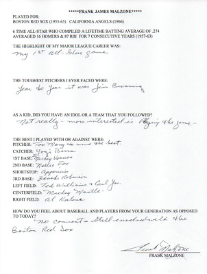 Frank Malzone Autographed Hand Filled Out Survey Page (JSA)