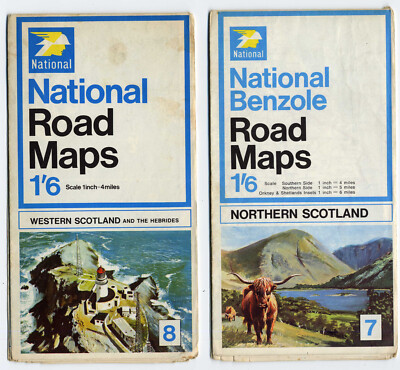 Two National Benzole 1in to 4miles road maps NORTHERN & WESTERN SCOTLAND 1968