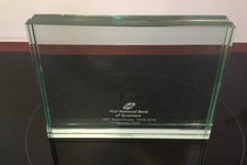FIRST NATIONAL BANK of SYCAMORE 100th ANNIVERARY GLASS SOUVENIER, RARE, NEAT!