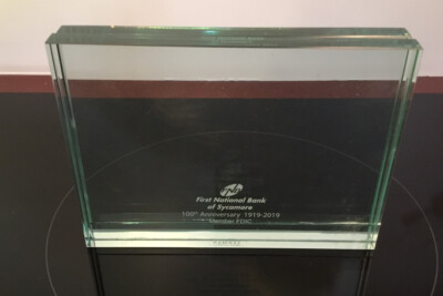 FIRST NATIONAL BANK of SYCAMORE 100th ANNIVERARY GLASS SOUVENIER, RARE, NEAT!