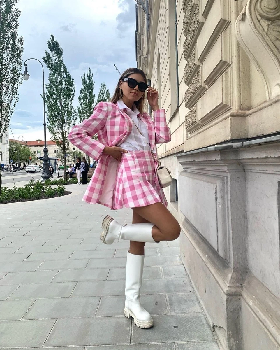 Cute It Girl Pink Plaid Two Piece Set Vintage Street Office Blazer Mini Skirt