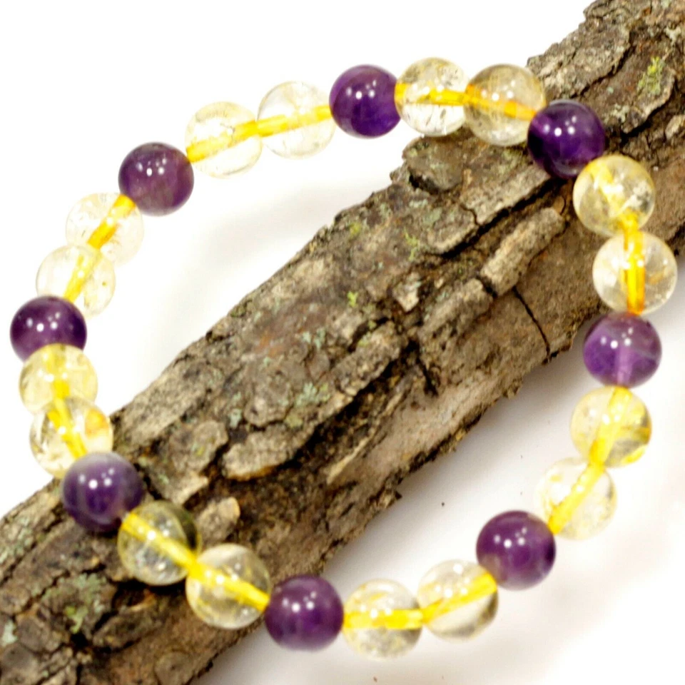 Pulsera de ametrino cuentas redondas piedras preciosas curativas púrpura y amarillo elástico Foto 3 de 4