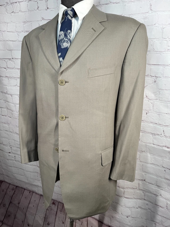PERRY ELLIS Mens Beige Tan REG FIT Wool Pleated 2 Pc Suit 43R Jacket 36x31 Pant - Image 3 of 4