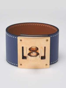 Authentic Hermes Bleu Brighton Swift Leather Gold Plated Kelly Dog Bracelet Size T1
