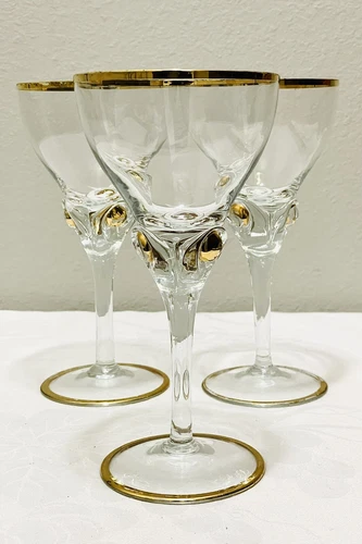 Set of 3 Golden Suszy Czechoslovakia 7” Wine Glasses Gold Ball Stemware