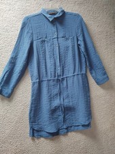 Zara Basic Womens Shirt Dress XS Blue Button Down Tie Belt Roll Tab Sleeve 