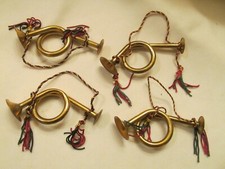 4 Vintage 4" Brass French Horn Trumpet Christmas Ornaments Decorations