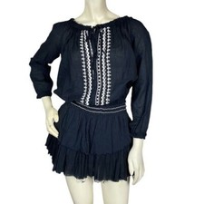 LoveShackFancy Mini Dress Popover Black Boho Long Sleeve Ruffle Tiered Sz XS 0