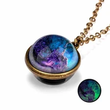 Glow in the Dark Galaxy System Double Sided Glass Dome Planet Pendant Necklace