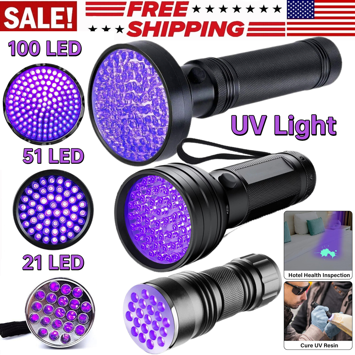 100/51/21 LED UV Ultra Violet Flashlight Blacklight Torch 395 NM Inspection Lamp