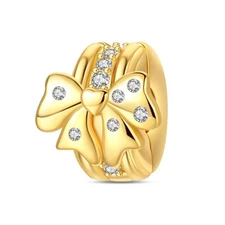 KUNSIR 925 Sterling Silver Gold Bow Safety Clasp Bead Clip Charm For Bracelet