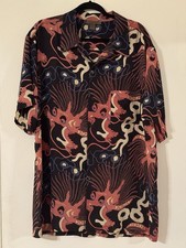 Harari Silk Shirt Made In USA Asian Dragon Loop Collar Size L All Over Print