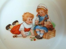 Adorable Antique Porcelain LITTLE GIRLS PLAYING WITH BUNNY Plate, GERMANY