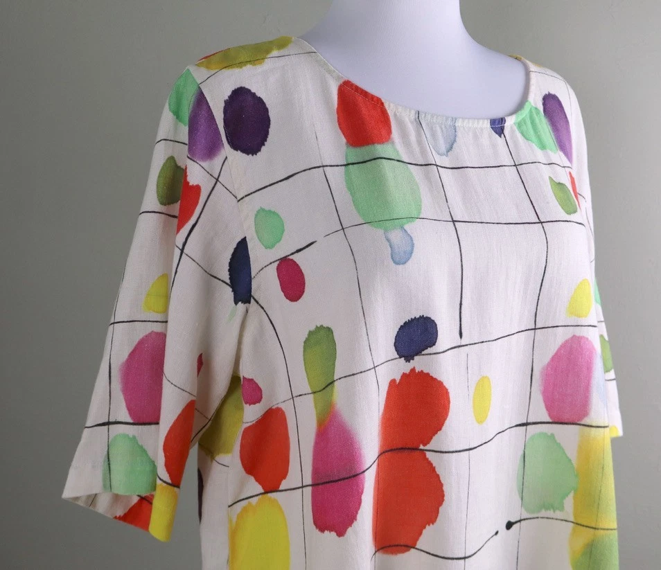 Top túnica CAROLINE ROSE $140 arte a cuadros punto multicolor 100 % lino talla 1X Foto 3 de 4