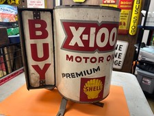 SHELL X-100 Gas Station Flange spinner tin SIGN OIL CAN
