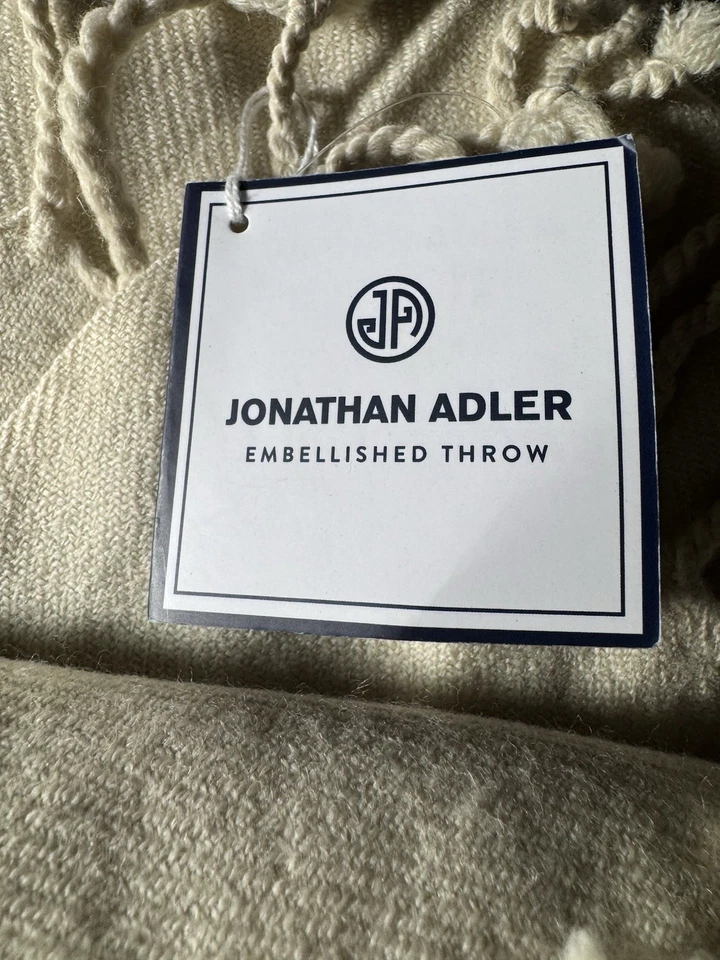 "Chal de lana Jonathan Adler pelo camello beige con gráfico azul etiquetas 50"" x 80""" Foto 3 de 4