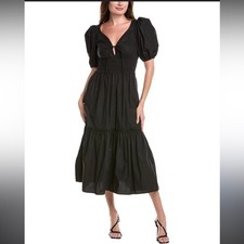 NWT Ganni Black Puff Sleeve Tiered Skirt Cotton Midi Maxi Dress Tie Front SZ 36