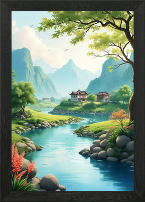Serene Asian Landscape Framed Wall Art Poster Canvas Print Picture