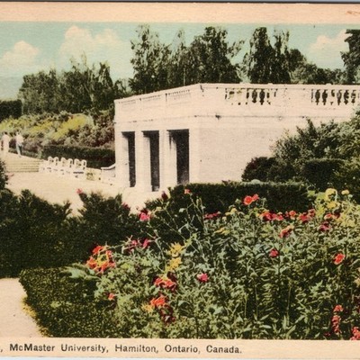c1940s Hamilton ON McMaster University Sunken Garden Flower Campus Arch Postcard