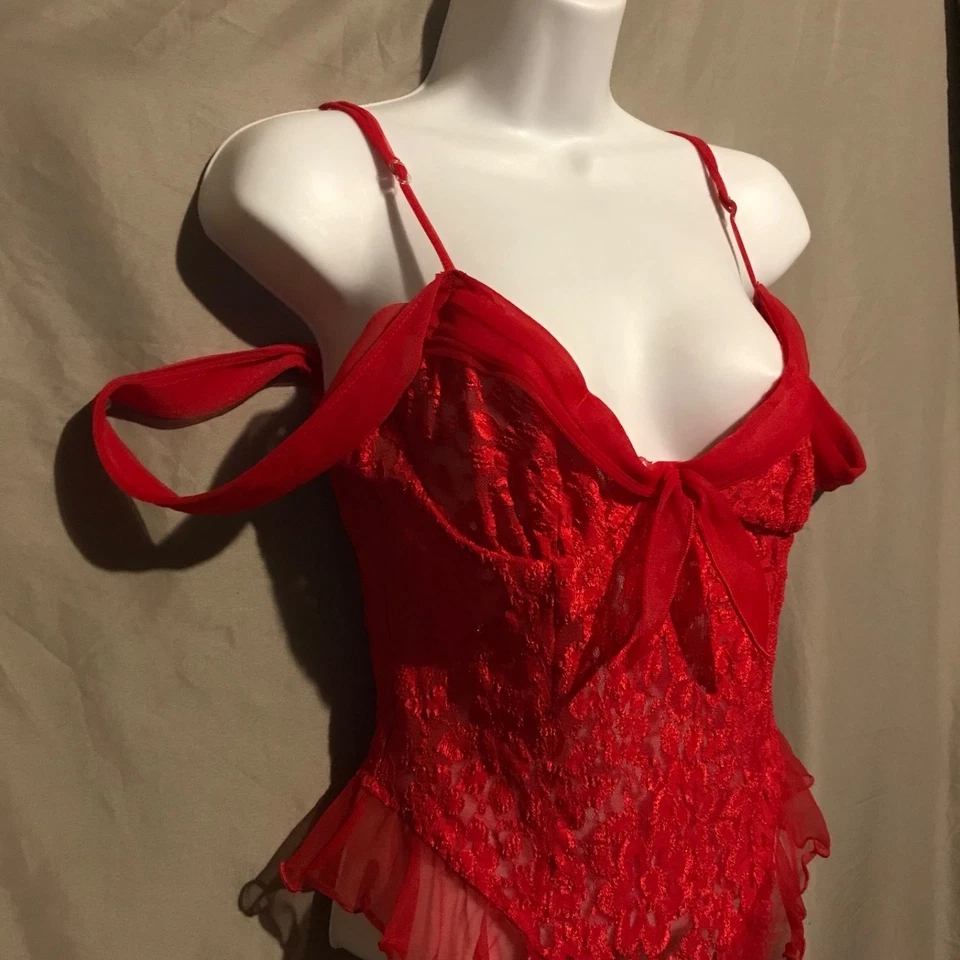 De colección Escante Talla M Rojo Volantes Corpiño Con Aros Chemise Peluche Transparente Foto 2 de 4