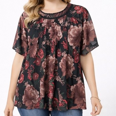 Torrid 1X Black Floral Chiffon High Neck Ruffle Blouse Romantic Modern Glam