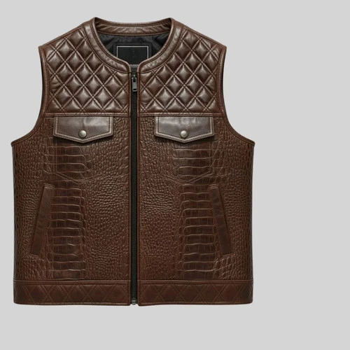 Men's Crocodile Embossed Leather Vest Diamond Quilted Alligator Print Biker Club