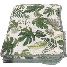 Little Unicorn Baby Blanket Muslin Quilt Tropical Leaf Green White Multi Layered