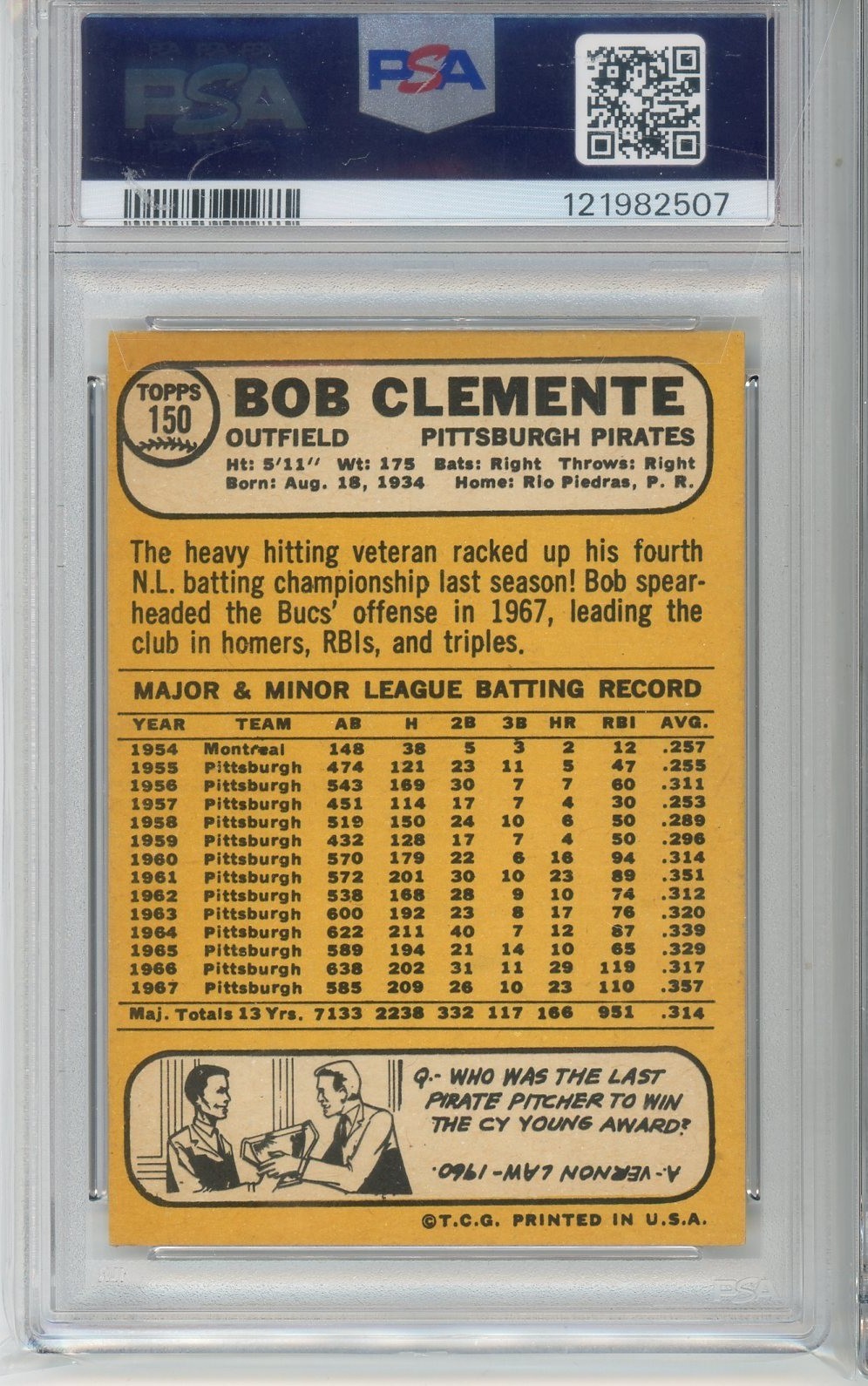 1968 Topps Roberto "Bob"  Clemente #150 PSA 6 Pittsburgh Pirates "Free Shipping" view 2