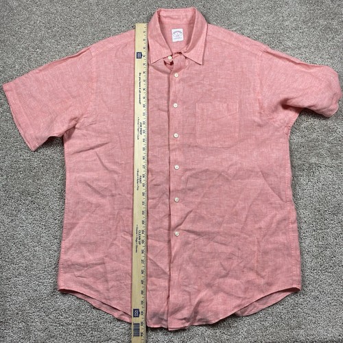 Brooks Brothers Button Up Shirt 100% Linen Men’s Large Pink Salmon Short Sleeve - Picture 6 of 8