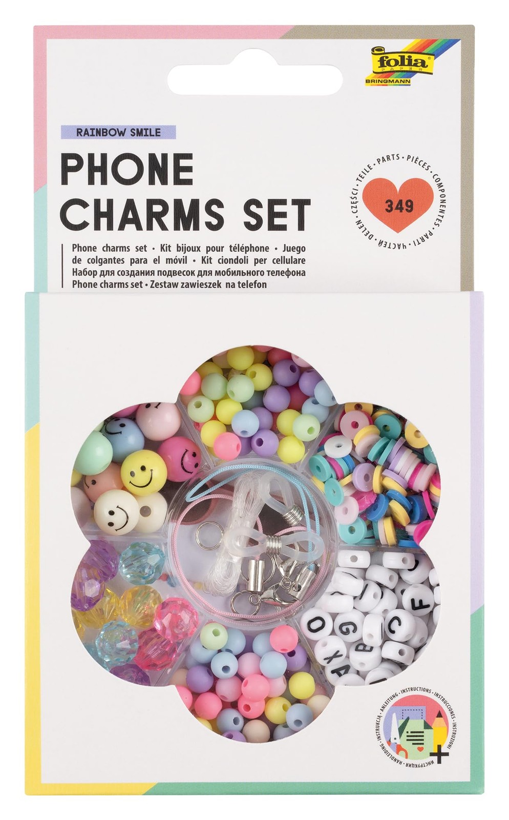 Folia 32029 Phone Charms Set Rainbow Smile Storage Box 349 Pieces with Mini Disc