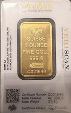 PAMP Suisse 1 Ounce 999.9 Fine Gold Bar with Certificate C021648 Gold Bar 3350.00 per troy oz