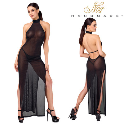 Noir Handmade F372 Black Onyx Twin-Slit Long Dress Sexy Mesh Rhinestone Gown