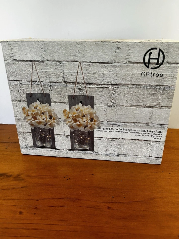 Set Of 2 Rustic Hanging Mason Jar Sconce with  Led Fairy lights - Image 2 of 4