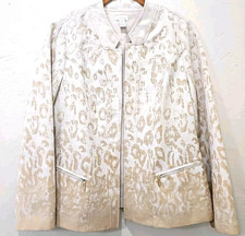 Chicos Jacket Animal Print full zip white, beige gold accent zipper lined size 1