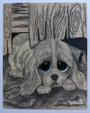 ORIGINAL ART DRAWING signed SMALLEY, SAD PUPPY DOG w BIG EYES, ILLUSTRATION ?