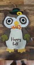 Fall Owl Hanging Wall Door Décor 14" Happy Fall Burlap Felt Greenbrier Int'l