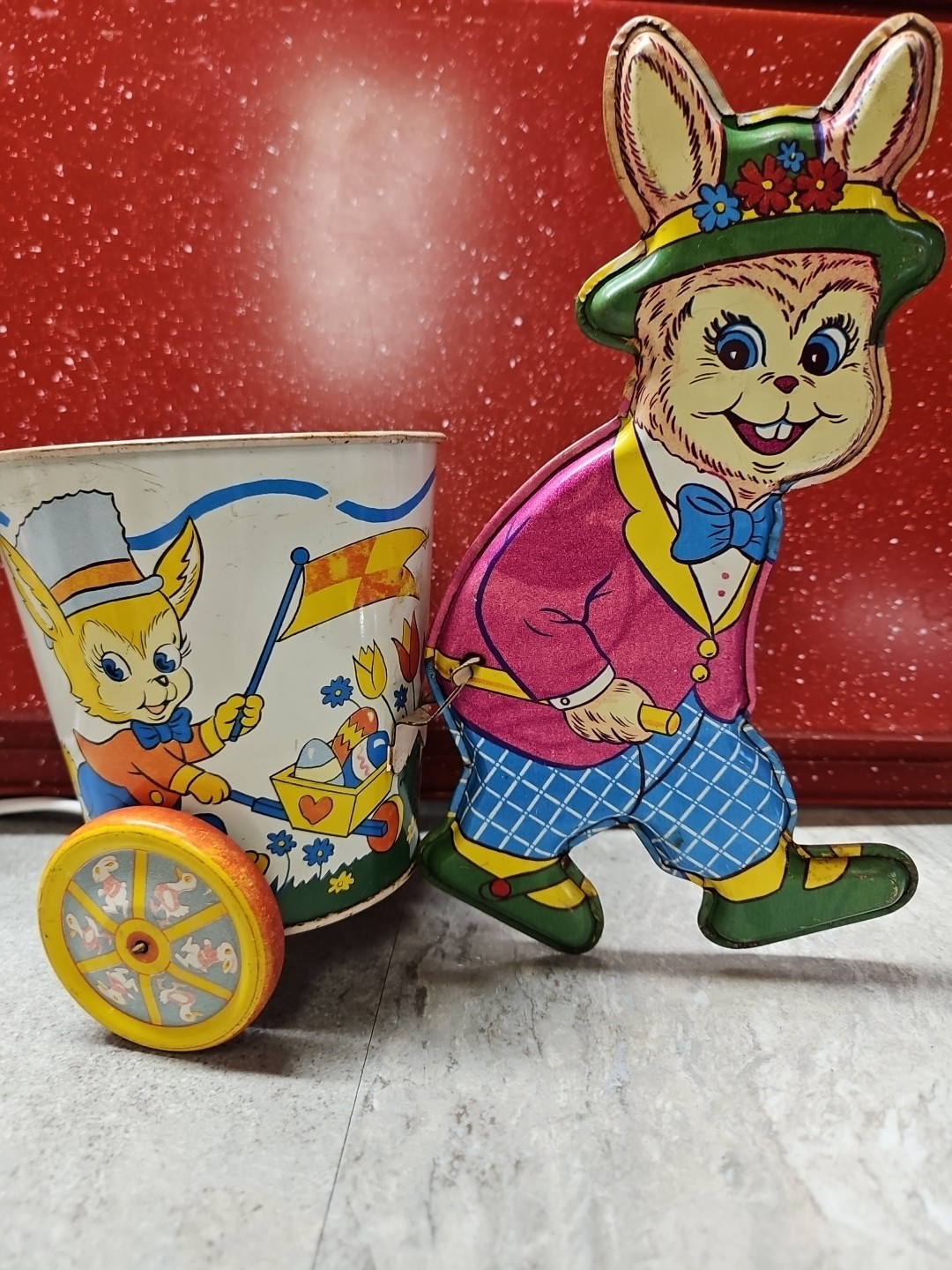 Ohio Art Co Tin Toy Litho Rabbit Pulling Bucket Easter Vintage EUC