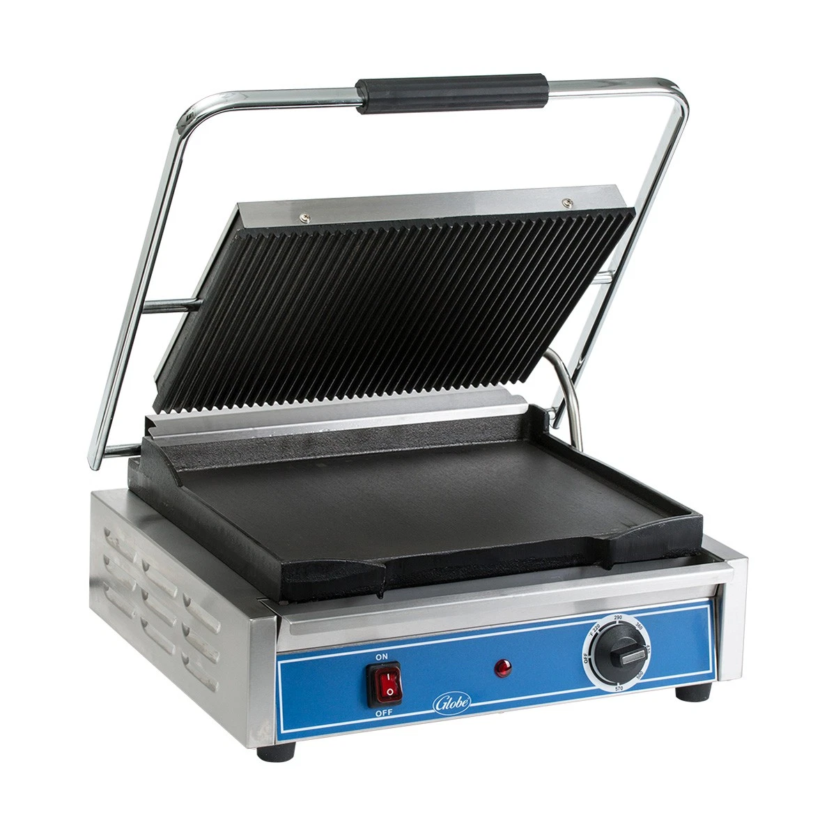Globe GPGS1410 19" Sandwich Panini Grill w/ 14" x 10" Grooved & Smooth Plate...