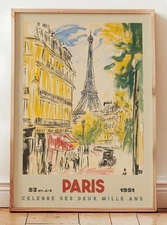 Paris Travel Poster, Vintage Eiffel Tower Print, Retro French Wall Art Decor