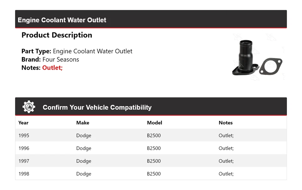 Выпуск водяного охлаждения двигателя для 1995-1998 Dodge B2500 4 сезона 1996 1997 - Изображение 2 из 4