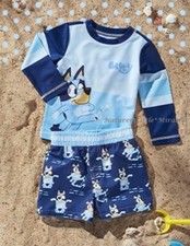 BLUEY Boys Swimsuit Disney Swim Trunks Rash Guard Shirt Set Toddler Size 18M-6/7