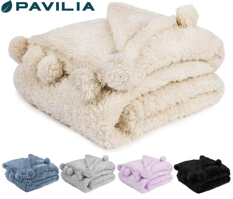PAVILIA Soft Fuzzy Cozy Pom Pom Throw Blanket with Fluffy Sherpa Fleece for Sofa Couch